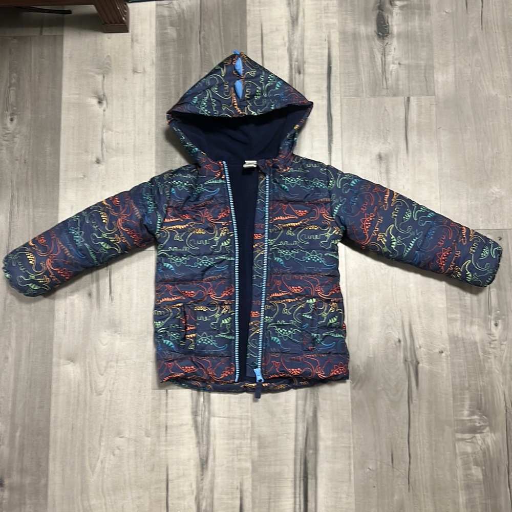 Dinosaur Coat Blue Puffer Jacket Hood Zipper Toddler Little Me Unisex 4T Rainbow